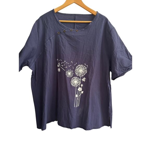 Navy Blue Button Detail Top Women’s Plus Size Dandelion Print Casual Tunic Tee - Picture 1 of 4